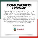 Local de retirada da ficha de inscrição: Secretaria Municipal de Desenvolvimento Social de Rio Vermelho/MG e Centro Administrativo no Distrito de Pedra Menina, de 08h às 15h.